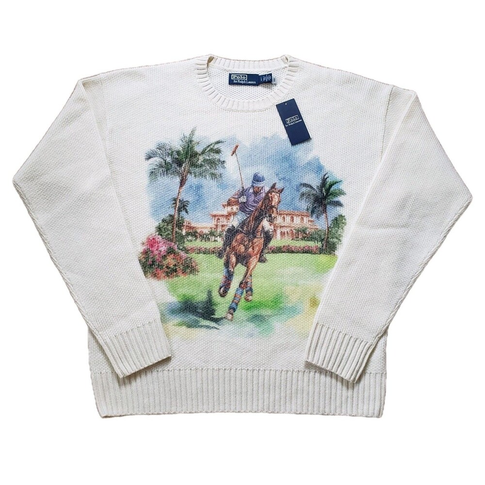 Polo Ralph Lauren 100% Cashmere Paradise Polo Player Sz Large Mens Cream Sweater